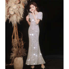 亮片年会晚礼服名媛鱼尾宴会主持人钢琴演奏礼服女2025年夏季新款