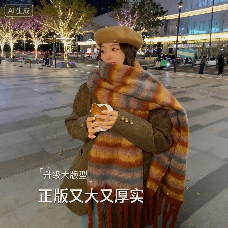 彩虹围巾女冬季高级感加厚马海毛彩色条纹2025新款百搭复古围脖|undefined