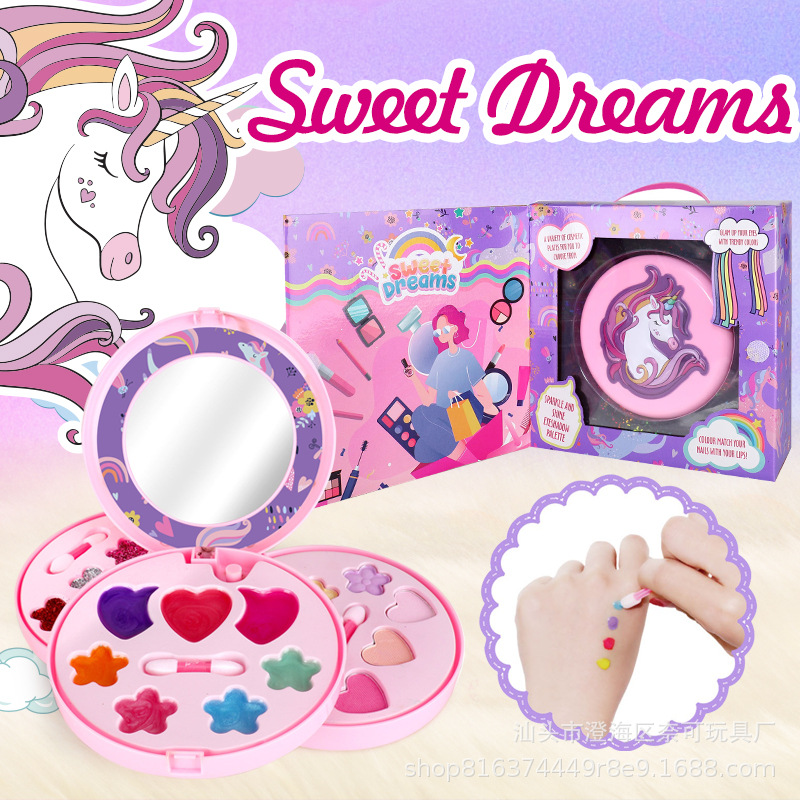 Cross-border exclusive children's cosmetics toys unicorn makeup eye shadow box for girls dollhouse lipstick makeup toy