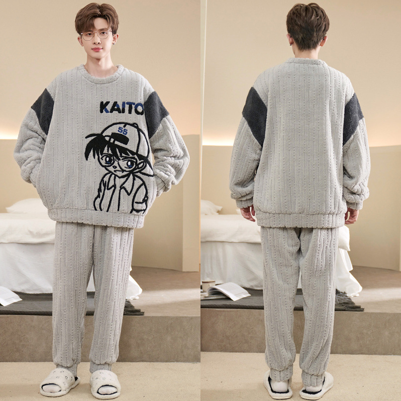 Plus Size 140kg Coral Fleece Cartoon Autumn and Winter Men's Round Neck Pullover Thickened Pajamas Homewear Set