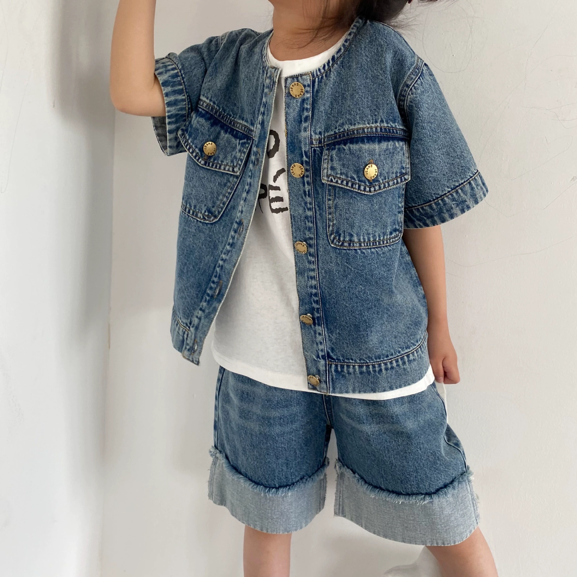 GL-kids осенняя детская ретро джинсовая юбка, кардиган для девочек и мальчиков, куртка, корейский стиль, с коротким рукавом, британский стиль
