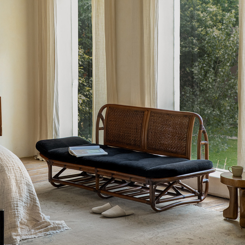 Japanese-style all-rattan woven sofa, wabi-sabi style, small apartment living room, vintage two-seater sofa, rattan furniture for homestay and tea room