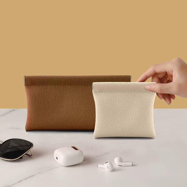 Litchi-Patterned Leather Storage Bag, Large Closed Snap Bag, Men's Portable Coin Purse, Large-Capacity Cosmetic Bag for Women