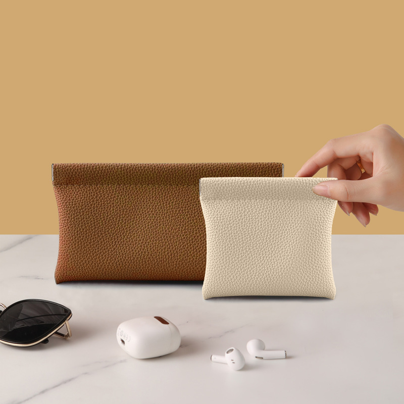 Litchi-Patterned Leather Storage Bag, Large Closed Snap Bag, Men's Portable Coin Purse, Large-Capacity Cosmetic Bag for Women