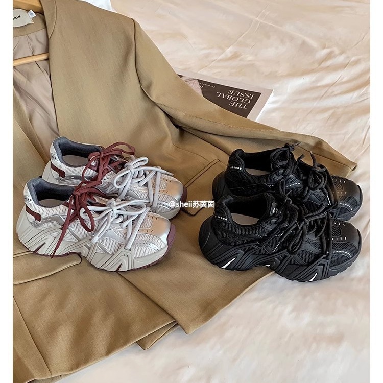 葡萄妈同款 长高5cm~秋冬复古鸳鸯带厚底休闲老爹鞋女真皮运动鞋