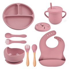 Round silicone dinner plate baby bib infant children bowl utensil fork anti-slip snack cup set cross-border