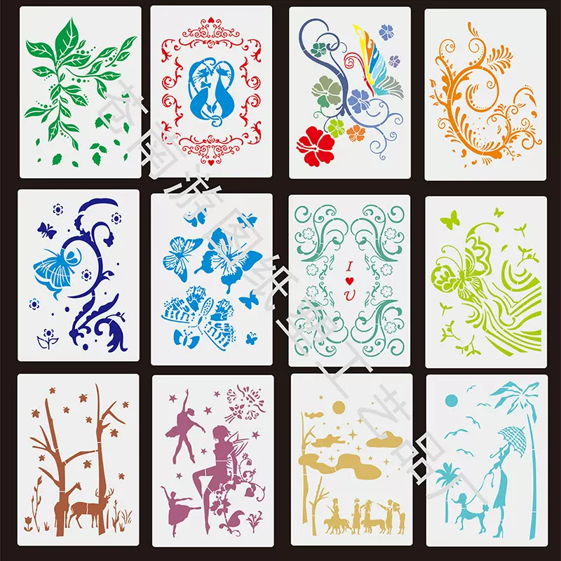 跨境新款动植物绘画模板 PET镂空模板 DIY相册手抄报绘图模板批发