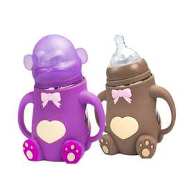 卡通猴子婴儿硅胶奶嘴瓶宝宝宽口奶瓶易清洗防摔玻璃奶瓶母婴厂家