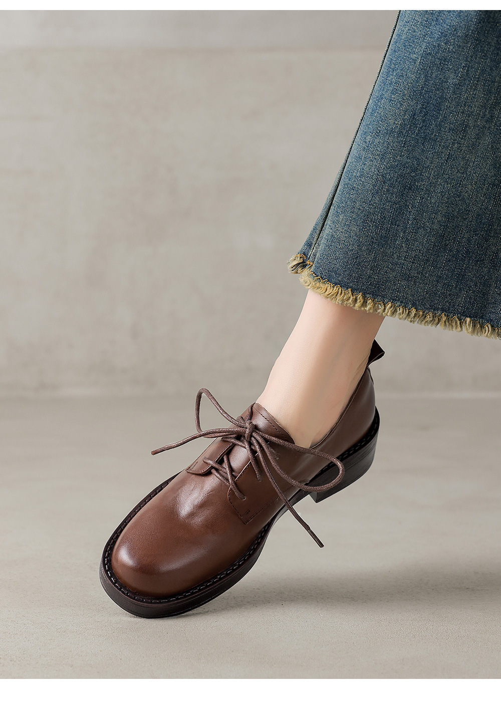 Giày da nữ mũi tròn buộc dây cổ sâu phong cách Anh vintage gót thấp — màu nâu chi tiết 6