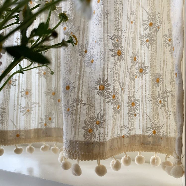 No-Drill Magic Tape Door Curtain, Korean-Style Pastoral French Daisy Floral Cotton Linen Curtain, Half Curtain