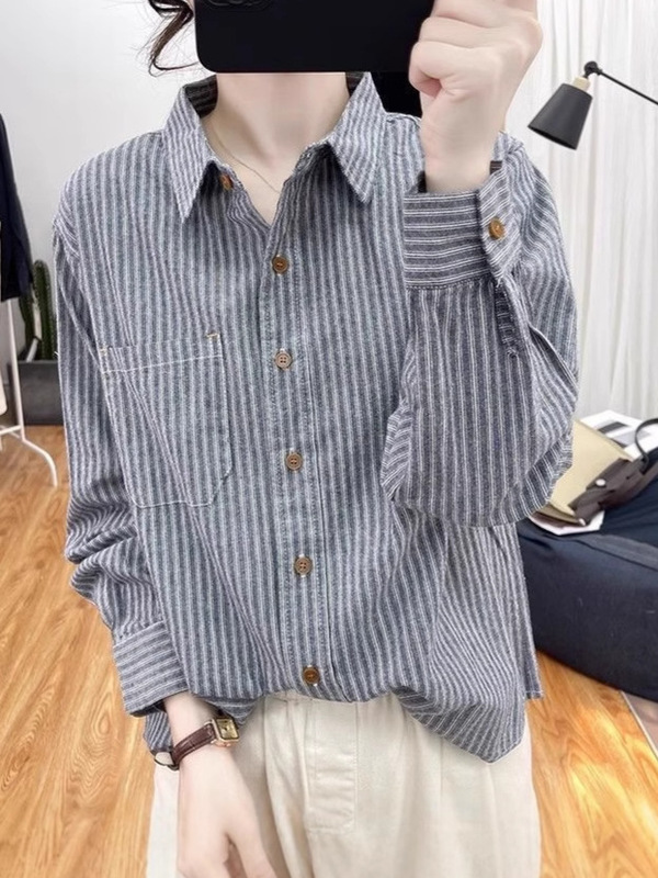 纯棉条纹长袖衬衫女春秋新款小个子宽松复古上衣显瘦防晒打底衬衣|undefined
