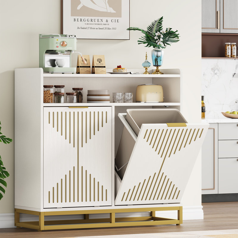 Wooden Cabinet Trash Can - 10 Gallon Dining Room Kitchen Home White Double Cabinet Metal Foot Gold Handle