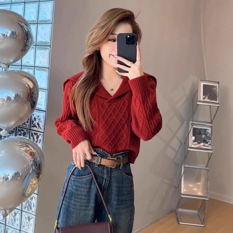 Vintage Sweater with Large Lapel for Women, Spring and Autumn, High Waist, Short Style for Petite Figures, Soft and Fluffy Pullover, Long Sleeve, Chunky Knit Top