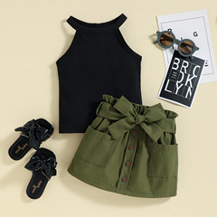 寶薪童裝歐美女童夏季亞馬遜ebay掛脖坑條高領背心短裙兩件套套裝