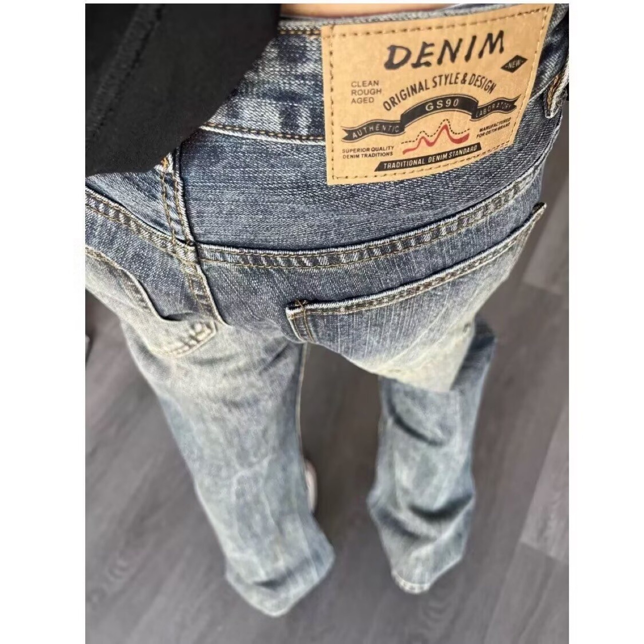 Washed High-Waisted Scimitar Jeans Men's Summer American Retro Vibe Pants High Street Slim Straight-Leg Pants