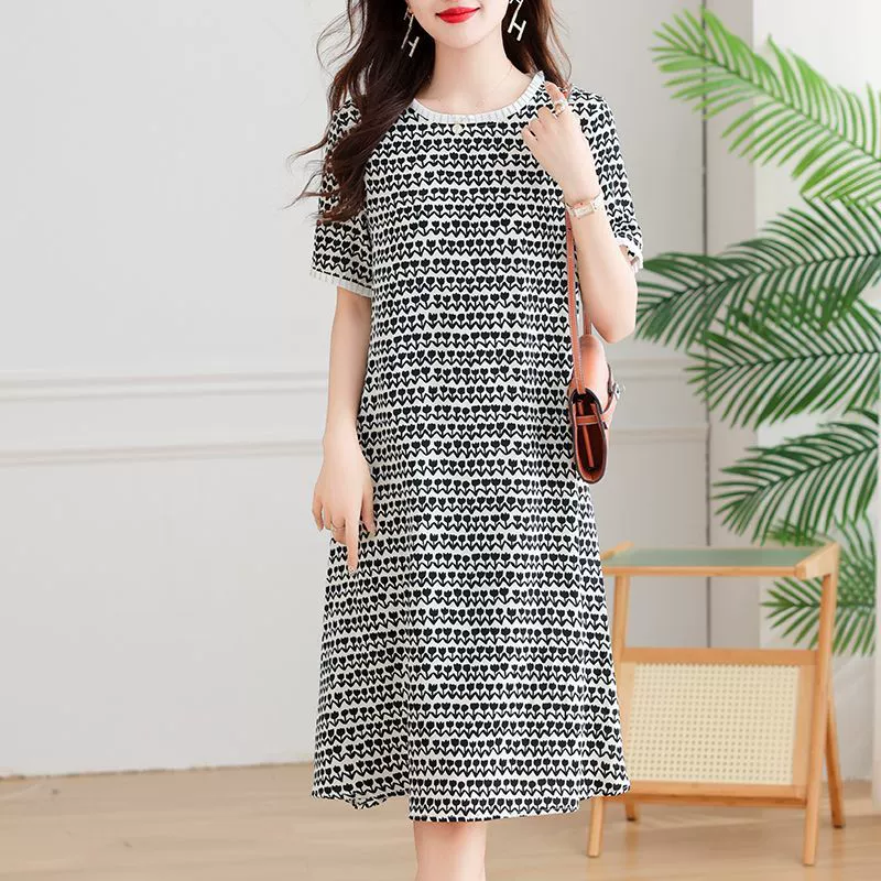 Шелковое французское платье с круглым вырезом, элитное летнее новое свободное модное тонкое стильное женское платье с короткими рукавами и принтом