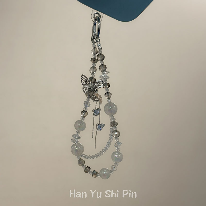 晚月蝶~甜美水晶串珠蝴蝶流苏手机挂件时尚小清新包包手腕链挂饰|undefined
