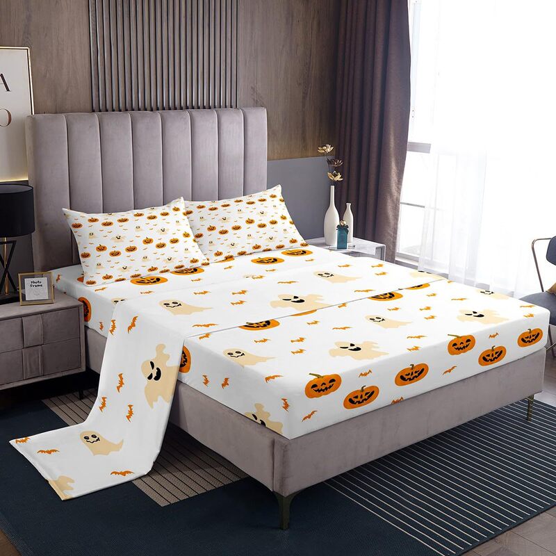Cross-Border Four-Piece Fitted Sheet Set Halloween Ghost Pumpkin Head Fitted Sheet Bedroom Guest Room Dormitory Bedding Decoration