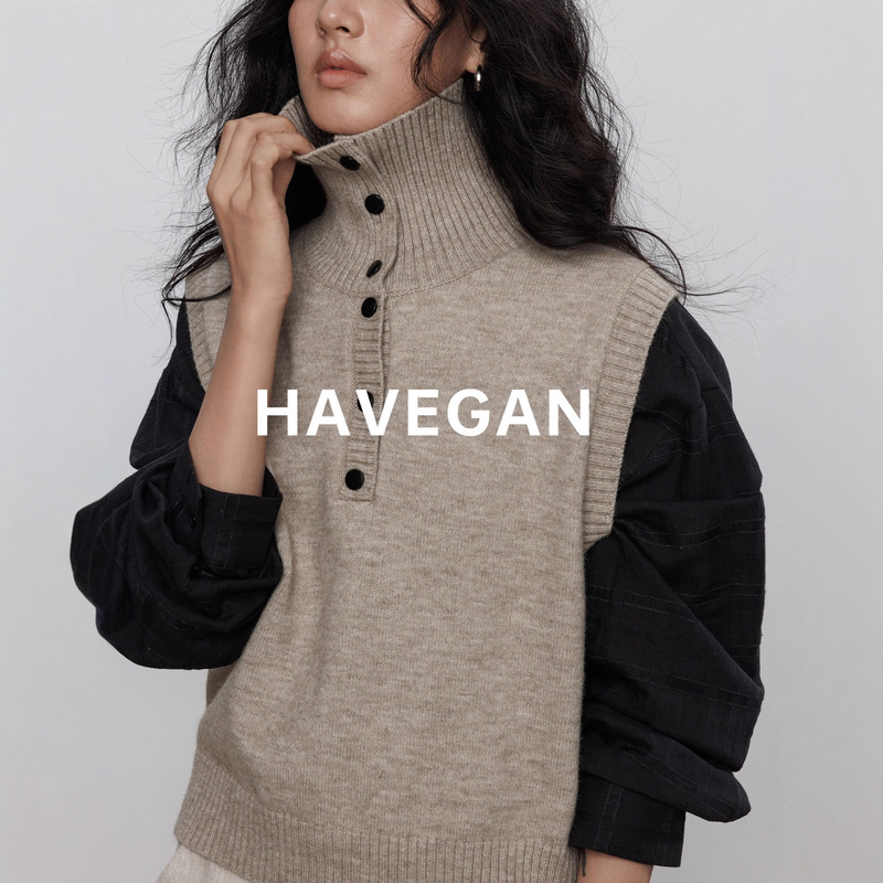 Havegan/Autumn Lapel Sleeveless Knitted Vest Women's Soft Waxy Outer Sweater Vest Lazy Top