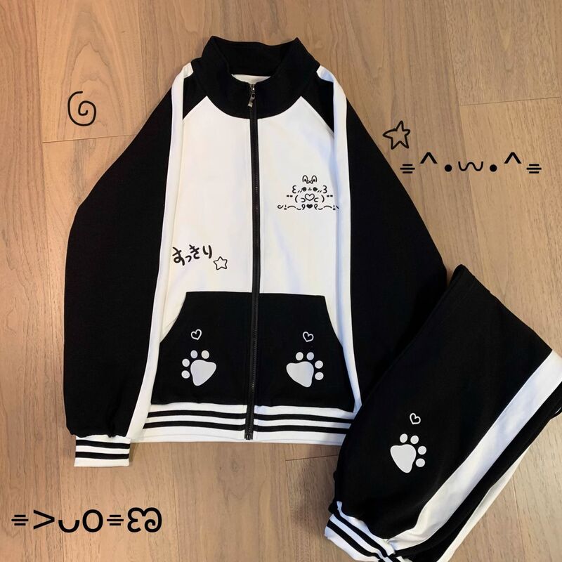 2025 Autumn and Winter New Japanese Cute Soft Girl Autumn Long-Sleeve Color-Blocking Cute Home Sports Pants Set for Female Students