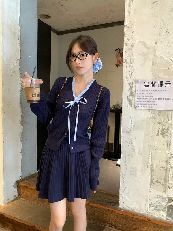 早秋学院风针织连衣裙子女2025新款小个子香风miu系穿搭一整套装|undefined