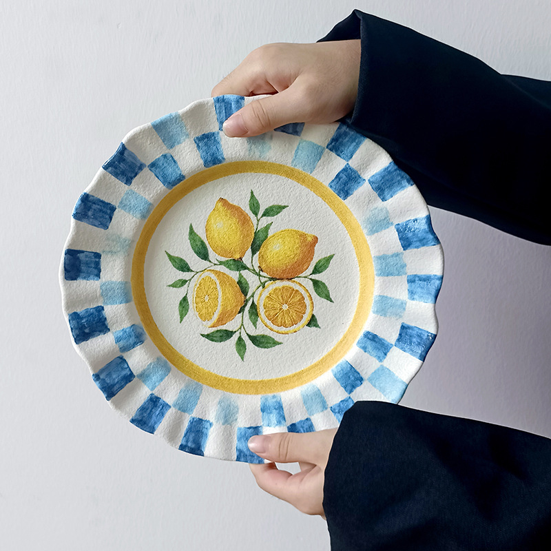 Oil painting style underglaze fruit plate, American retro checkered lemon frosted ceramic plate, home use salad and steak plate