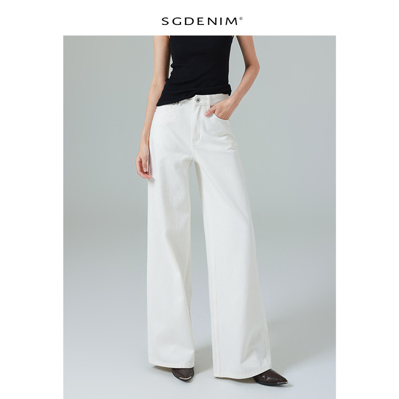 Relaxed Style/2026 Spring New Off-White High-Waisted Wide-Leg Jeans for Women, Loose Straight-Leg Pants