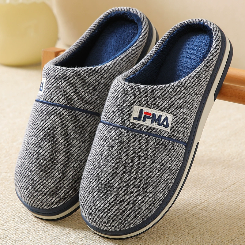 Мужские тапочки большого размера из хлопка для зимнего использования в помещении, теплые тапочки на толстой подошве с флисовой подкладкой, нескользящие, для пар, утепленные и на флисовой основе.