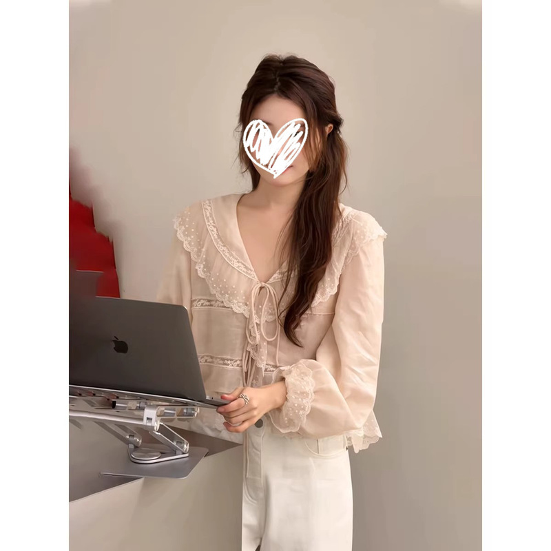 2026 New Style French Romantic Style Pink Lace Lace-Up Shirt for Women with Long Sleeves, Sweet Loose V-Neck Blouse 2026 New Style French Romantic Style Pink Lace Lace-Up Shirt for Women with Long Sleeves, Sweet Loose V-Neck Blouse