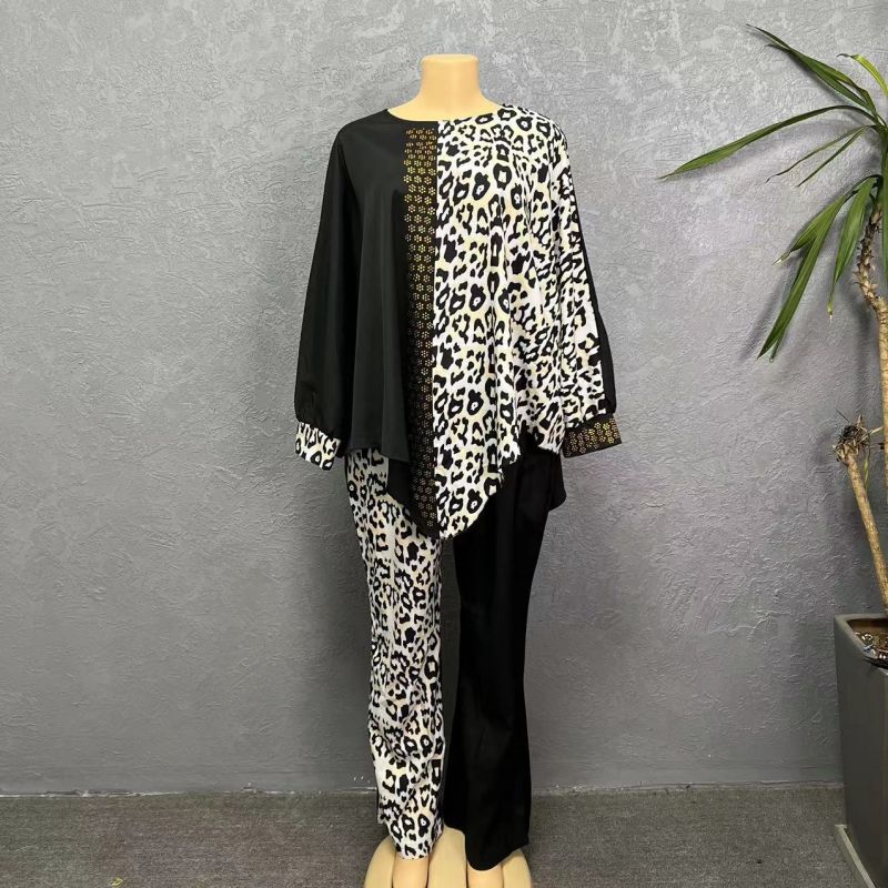 Women's Clothing large size loose bat sleeve leopard print color matching hot diamond top with trousers suit_voghion.com