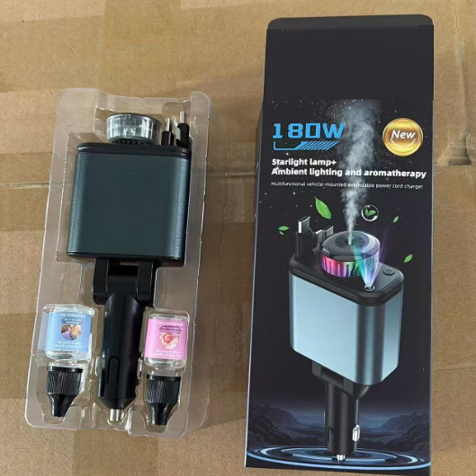 Car fast charger with starry sky light, ambient light, aromatherapy diffuser, Bluetooth MP3 player, retractable data cable