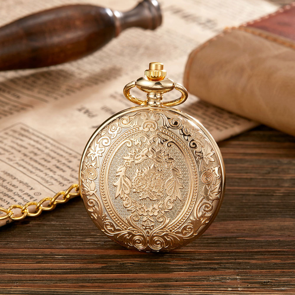 Relógio de bolso esqueleto vintage gravado com colar presente_voghion.com