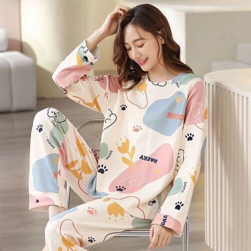 Women's cartoon thin casual round neck pajama set with long sleeves and pants, suitable for cross-border spring and autumn seasons, can be worn outside.