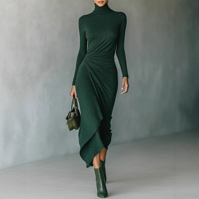European and American Cross-Border Independent Foreign Trade Website New Autumn and Winter Elegant High-Neck Waist-Cinching Irregular Wrap Dress for Women