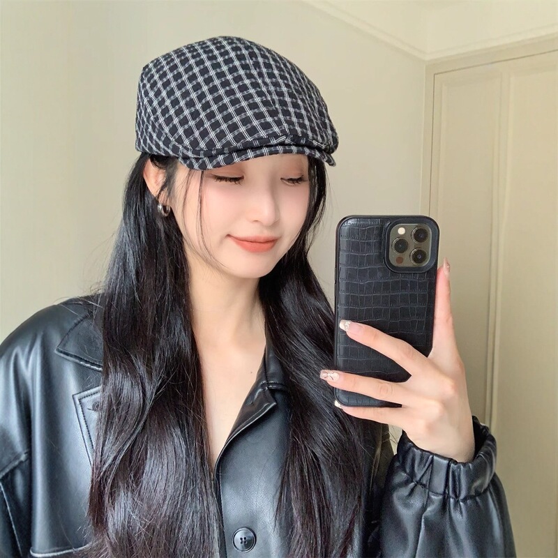 春先の新しいスタイルのチェック柄レトロスタイルフォワードハット女性用和風インスイート多用途ファッションリバースベレー帽トレンド|undefined