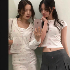 スポット韓国小衆潮牌八乳25春夏かわいい砕花長袖カーディガン➕半袖スカートセット