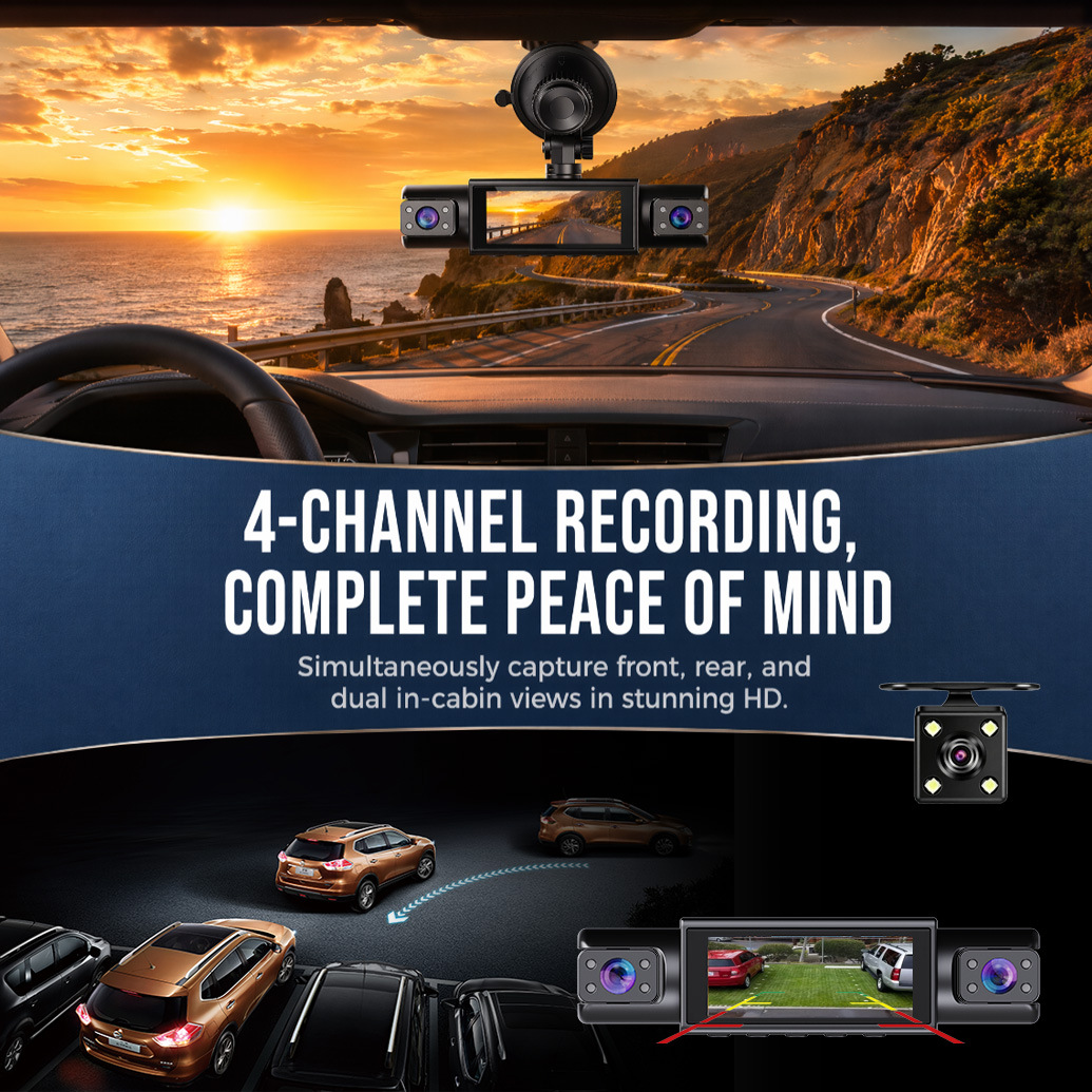 Cross-border four-lens dashcam with high-definition night vision, four-channel 1080P panoramic parking monitoring, and WiFi connectivity