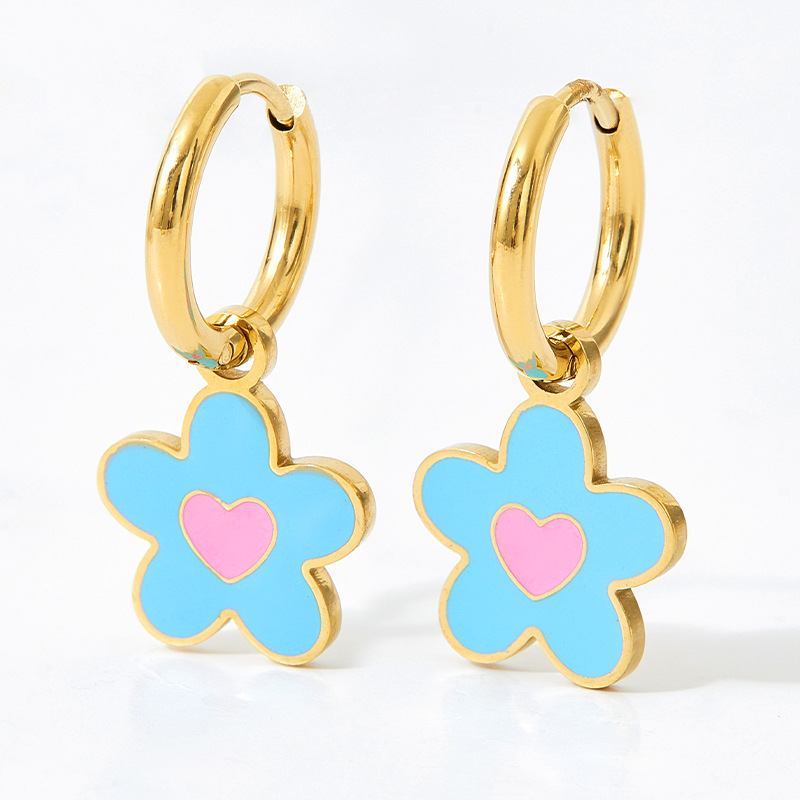 304 Stainless Steel Ear Needle Material Stone-Free Inlay Material 1 Pair Cute Flower Enamel Plating Stainless Steel Drop Earrings