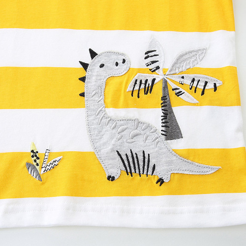 24 European and American children's summer set, boy's knitted cotton dinosaur embroidered patchwork two-piece set, middle child fashion set