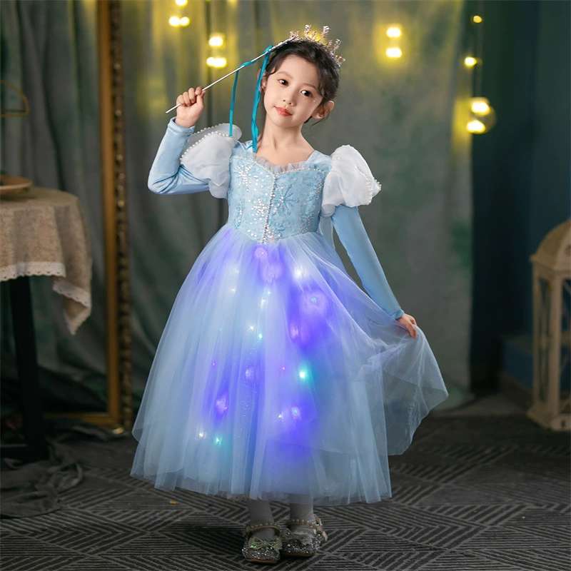 Новое весенне-осеннее платье для девочек: Светящееся платье принцессы Эльзы, нарядное платье для маленьких девочек, пышная юбка в студенческом стиле, рукава-фонарики