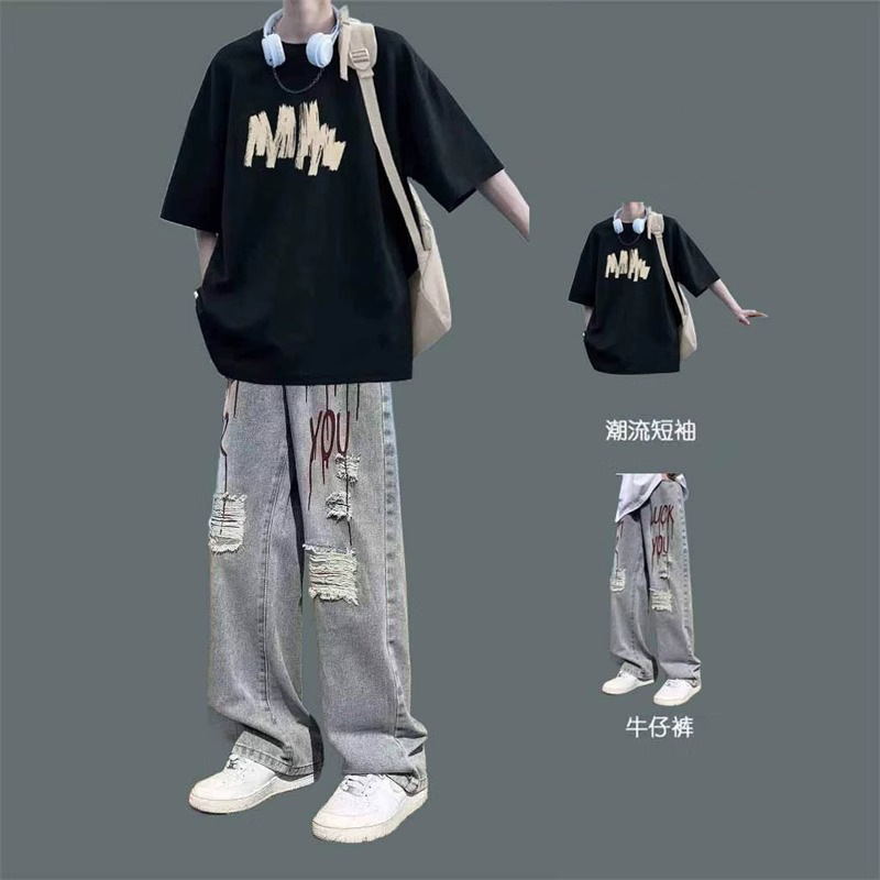 American-Style Short-Sleeved T-Shirt Set for Boys, Summer Trendy Ins-Style Cool Men's Fashion Outfit, Complete Set Paired with Jeans
