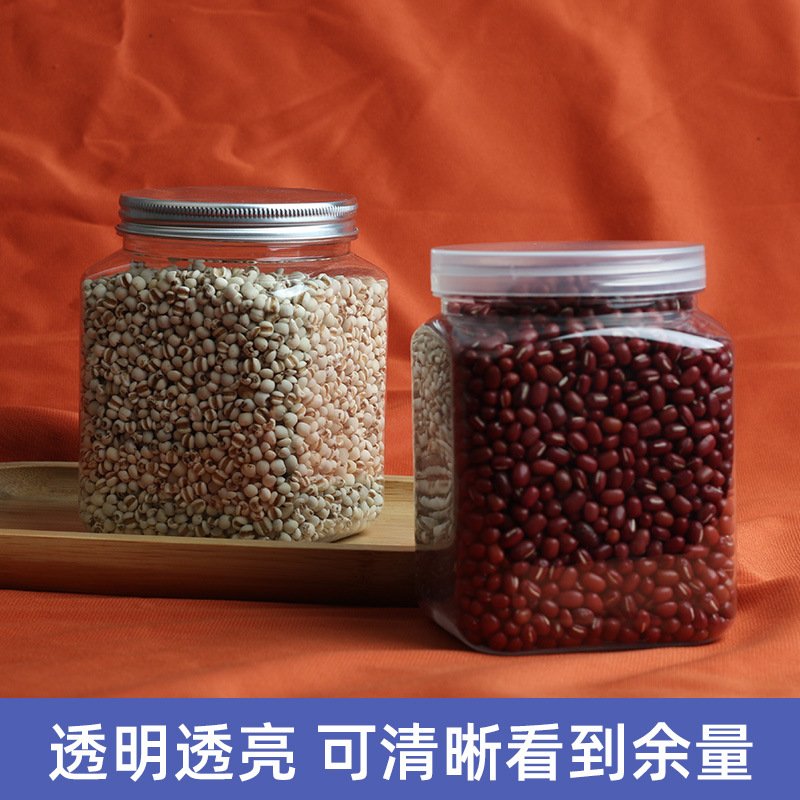 Fábrica en stock frasco de plástico cuadrado PET transparente grado alimenticio sellado frasco dos Jin botella de miel cubierta de aluminio jarra de granos