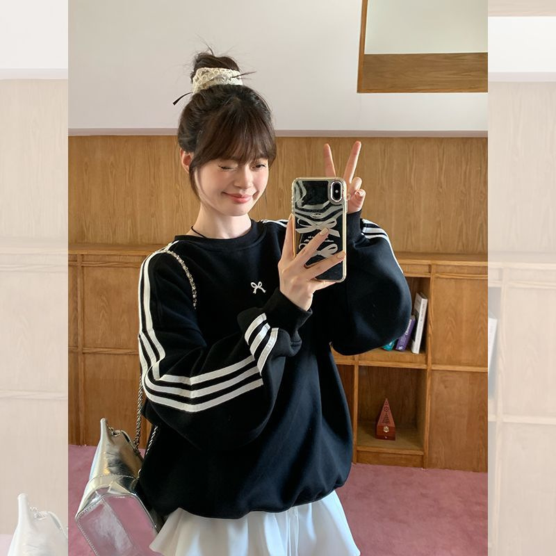 Huamian Three-Stripe Bow Black Sweatshirt Women's Spring and Autum New Korean Style Loose Long-Sleeved Top Jacket Trendy