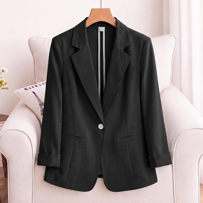 Black thin blazer for women, 2026 autumn new collection, three-quarter sleeves, slim fit, suitable for work, with a sophisticated and elegant style, and a flowing drape Black thin blazer for women, 2026 autumn new collection, three-quarter sleeves, slim fit, suitable for work, with a sophisticated and elegant style, and a flowing drape
