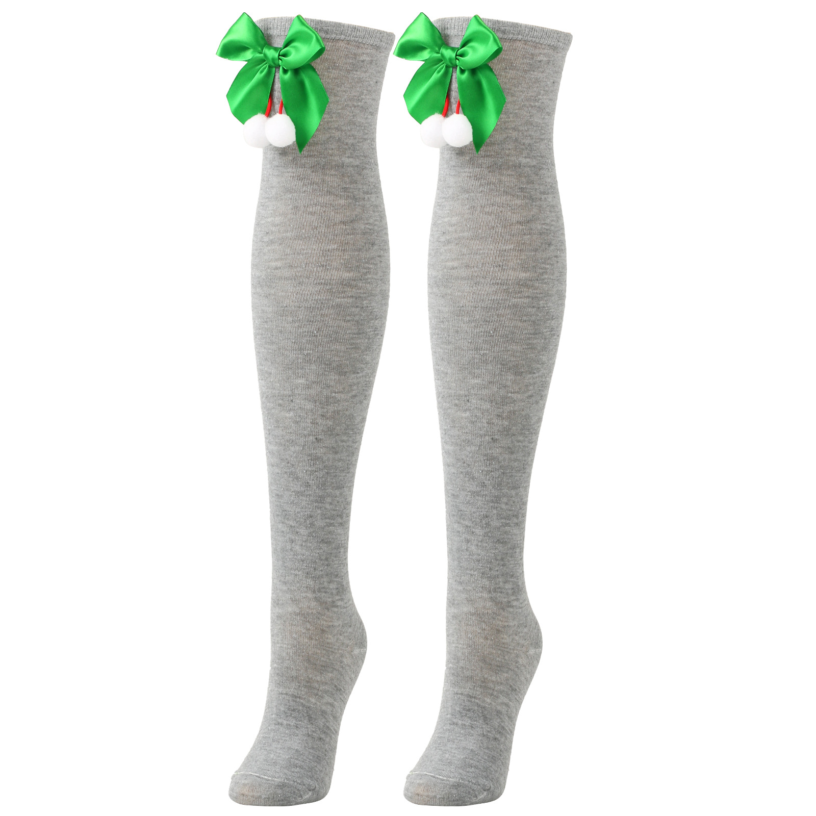 Calzini natalizi unisex con fiocco, calzini a palla, sopra il ginocchio, calzini lunghi da donna, calzini natalizi a righe_voghion.com
