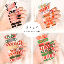 跨境新款16指法式圣诞节免烤凝胶指甲贴甲油膜美甲贴欧美美甲贴纸