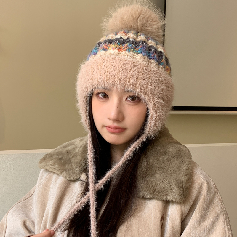 韩版冬季帽子女加厚保暖针织帽护耳毛绒骑行包头帽可爱甜美毛线帽|undefined