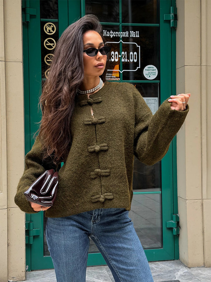 Áo cardigan len dài tay cổ tròn màu trơn cài khuy, form rộng — Màu tím, Xanh nhạt, Xanh quân đội, Xanh rêu đậm chi tiết 32