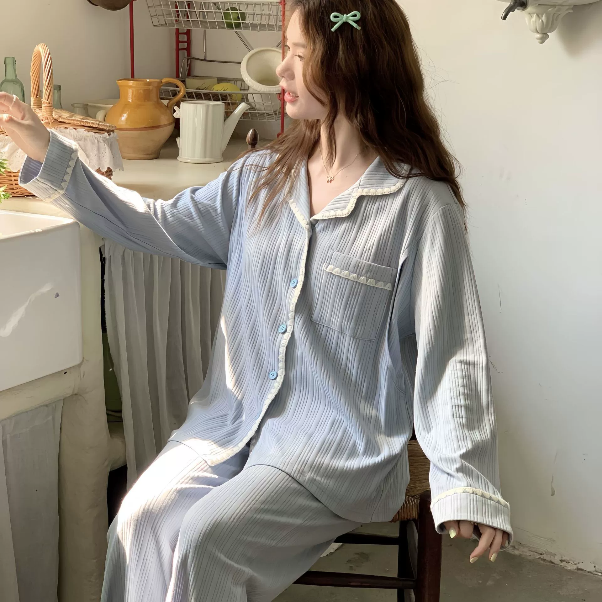 [88207 В наличии] Пижамы для беременных на весну и осень, комплект одежды для сна из чистого хлопка в рубчик для кормления после родов, для пребывания в больнице.