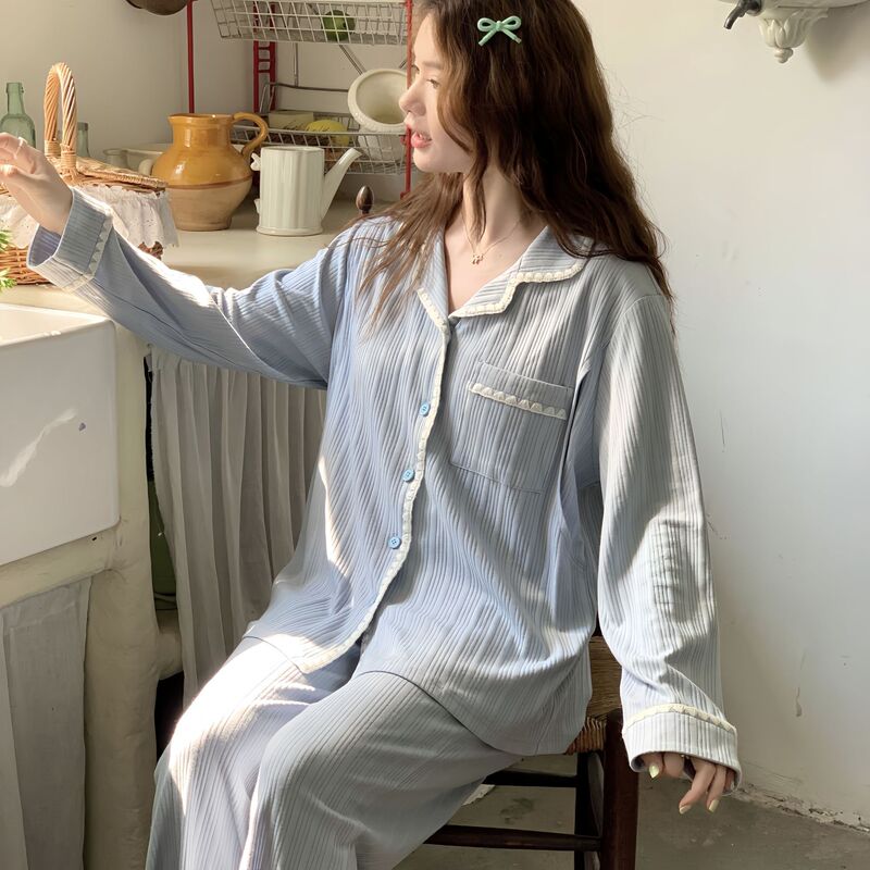 [88207 Ready Stock] Postpartum Clothing Spring and Autumn Pure Cotton Pit Strip Postpartum Nursing Maternity Pajamas Set Hospital Clothing Set